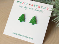 Green Glitter Christmas Tree Stud Earrings